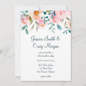 コーラルピンクとティール（緑がかった色）フローラ水の色結婚の 招待状 (正面)