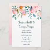 コーラルピンクとティール(緑がかった色)フローラ水の色結婚の 招待状 (正面/裏面)