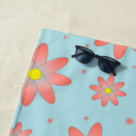 コーラルピンクとパウダーブルーの繊細なデイジー花 ビーチタオル