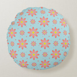 コーラルピンクとパウダーブルーの繊細なデイジー花 ラウンドクッション