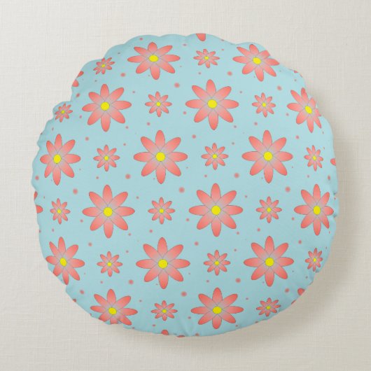 コーラルピンクとパウダーブルーの繊細なデイジー花 ラウンドクッション (正面)