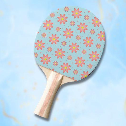 コーラルピンクとパウダーブルーの繊細なデイジー花 卓球ラケット