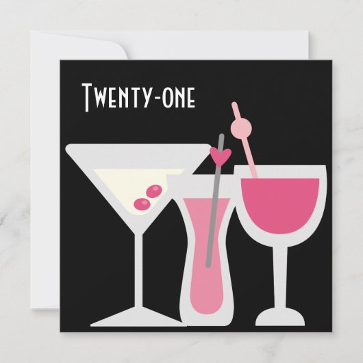 コーラルピンクとブラックの女性向け21歳誕生日パーティー 招待状 (正面)