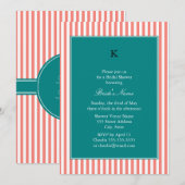 コーラルピンクとホワイトのストライプ , ティール ブライダルシャワー 招待状 (正面/裏面)