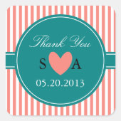 コーラルピンクと白のストライプティール(緑がかった色)ありがとう スクエアシール (正面)