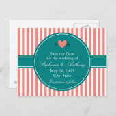 コーラルピンクと白のストライプティール(緑がかった色)、日付を保存 案内ポストカード (正面/裏面)