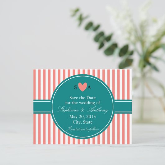 コーラルピンクと白のストライプティール（緑がかった色）、日付を保存 案内ポストカード (スタンド正面)