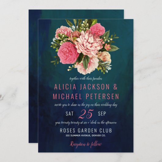 コーラルピンクと赤面の花の花束ムーディ結婚ーズ 招待状 (正面/裏面)