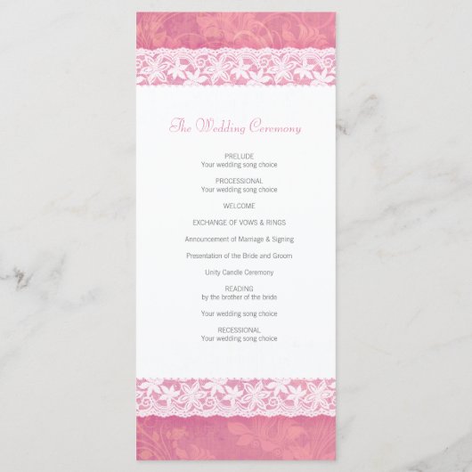 コーラルピンクのウェディングプログラムラックカードに白いレース プログラム (裏面)