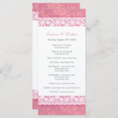 コーラルピンクのウェディングプログラムラックカードに白いレース プログラム (正面/裏面)