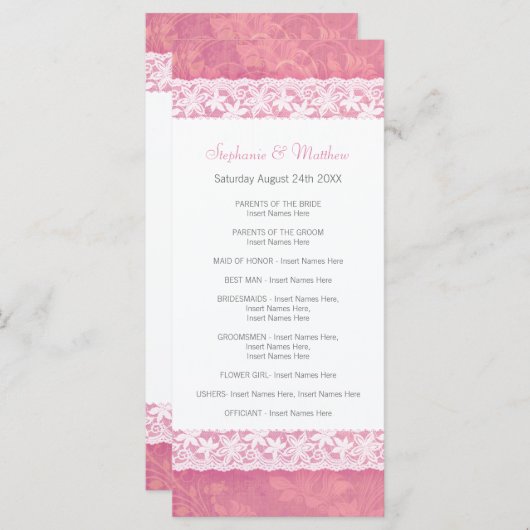 コーラルピンクのウェディングプログラムラックカードに白いレース プログラム (正面/裏面)