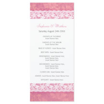 コーラルピンクのウェディングプログラムラックカードに白いレース