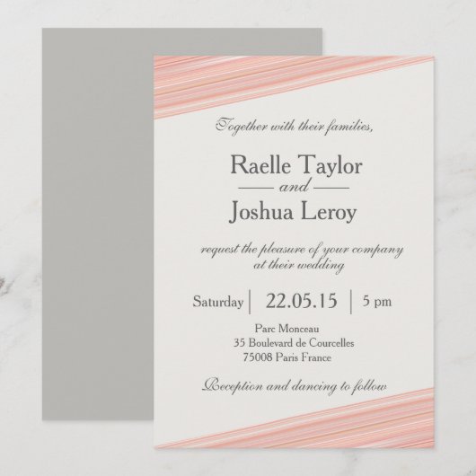 コーラルピンクのオレンジのストライプが白灰色の結婚式の招待状 招待状 (正面/裏面)