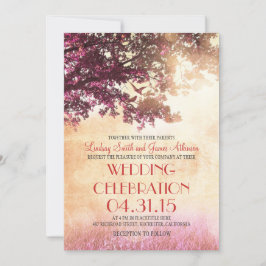 コーラルピンクのオークの木とラブバーズのウェディング招待状 招待状