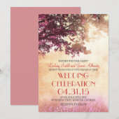 コーラルピンクのオークの木とラブバーズのウェディング招待状 招待状 (正面/裏面)