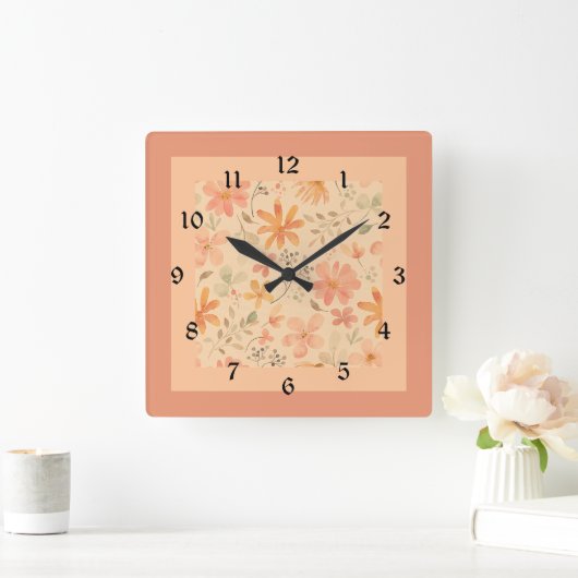 コーラルピンクのゴールデンミックスとマッチ スクエア壁時計 (ホーム)