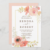 コーラルピンクのバラとゴールドフレームの花の結婚式 招待状 (正面/裏面)