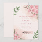 コーラルピンクのバラの水彩結婚式招待状 招待状 (正面/裏面)