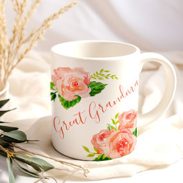 コーラルピンクのバラの花の水彩画のひ孫 コーヒーマグカップ
