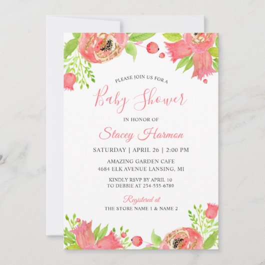 コーラルピンクのフローラガーデン水の色ベビーシャワー 招待状 (正面)