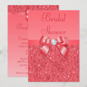コーラルピンクのプリントされたスパンコールとダイヤモンドのブライダルシャワー 招待状 (正面/裏面)