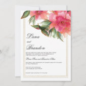 コーラルピンクのミントグリーンとホワイトゴールドのグリッターがあしらわれた花柄の結婚式 招待状 (正面)