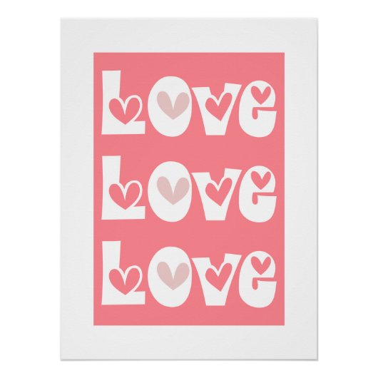 コーラルピンクのレトロLOVEタイポグラフィとハート ポスター (正面)