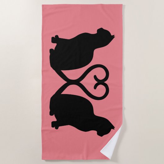 コーラルピンクのロマンチックな猫シルエットハート ビーチタオル (正面)