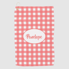 コーラルピンクの上品なギンガムパターンと名前 ゴルフタオル