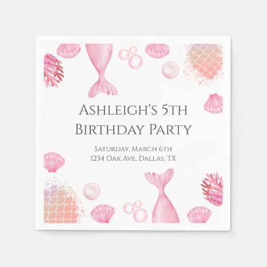 コーラルピンクの人魚をテーマにした誕生日パーティー スタンダードカクテルナプキン (正面)