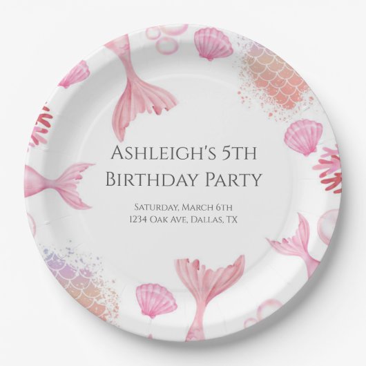 コーラルピンクの人魚をテーマにした誕生日パーティー ペーパープレート (正面)
