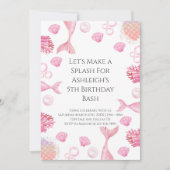 コーラルピンクの人魚をテーマにした誕生日パーティー 招待状 (正面)