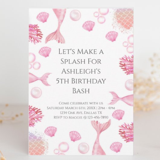 コーラルピンクの人魚をテーマにした誕生日パーティー 招待状