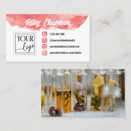 コーラルピンクの水の色のアイコン追加ロゴ&写真 名刺 (正面/裏面)