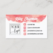 コーラルピンクの水の色のアイコン追加ロゴ&写真 名刺 (正面)