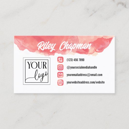 コーラルピンクの水の色のアイコン追加ロゴ&写真 名刺 (正面)