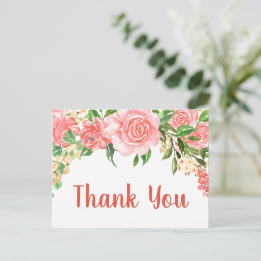 コーラルピンクの水の色のバラありがとう ポストカード (スタンド正面)
