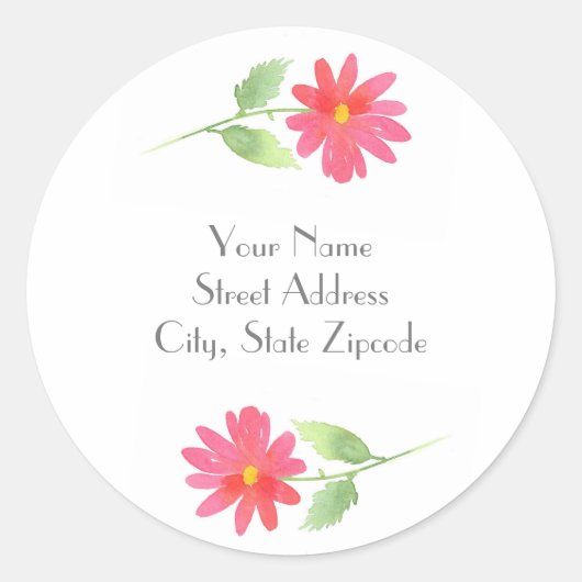 コーラルピンクの水カラーデイジーラベル ラウンドシール (正面)