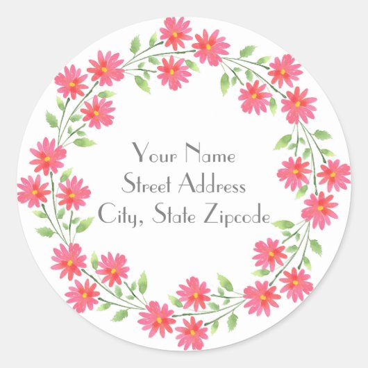 コーラルピンクの水カラーデイジーリースラベル ラウンドシール (正面)