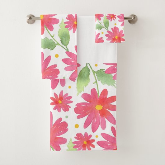 コーラルピンクの水彩デイジーパターン2 バスタオルセット (インサイチュ)