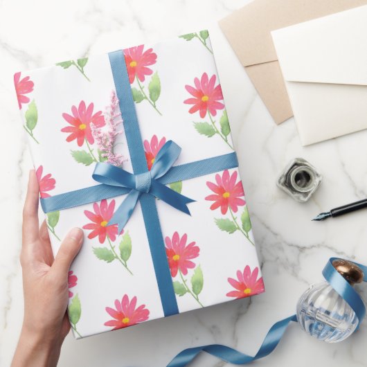 コーラルピンクの水彩デイジー模様 ラッピングペーパー (ギフト)