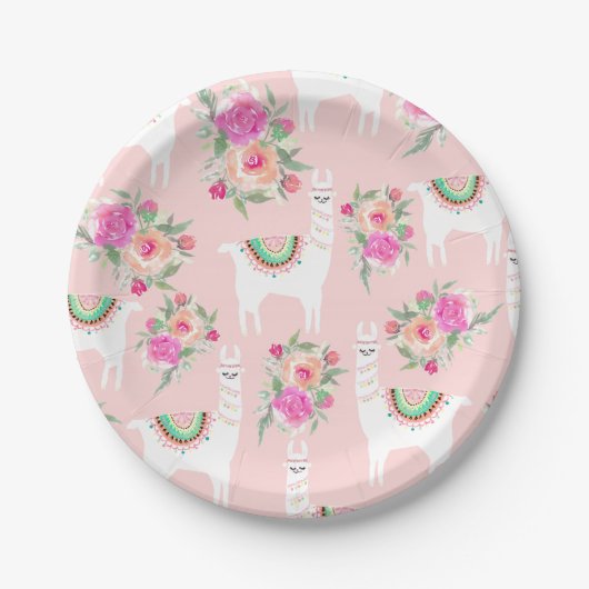 コーラルピンクの水彩ラマ ペーパープレート (正面)