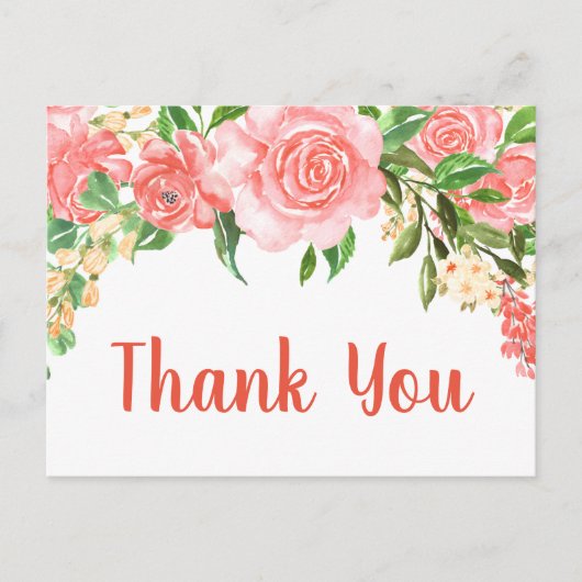 コーラルピンクの水彩ローズ感謝 ポストカード (正面)