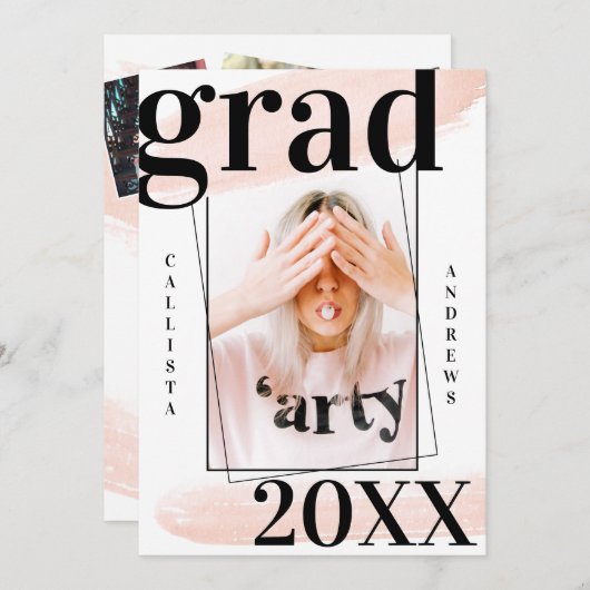 コーラルピンクの水彩筆跡の写真卒業 招待状 (正面/裏面)