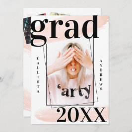 コーラルピンクの水彩筆跡の写真卒業 招待状