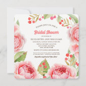 コーラルピンクの水彩花イラストの花嫁シャワー 招待状 (正面)