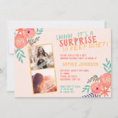 コーラルピンクの水彩花サプライズパーティー 招待状 (正面)