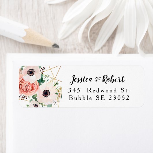 コーラルピンクの水彩花結婚のカスタム ラベル (インサイチュ)
