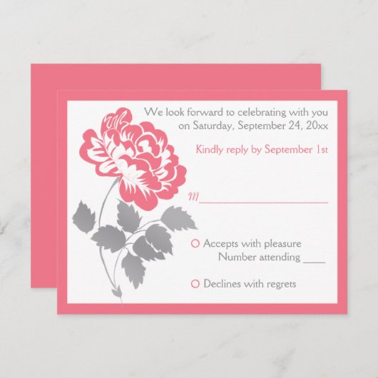 コーラルピンクの牡丹のグレーの返信カード 招待状 (正面/裏面)
