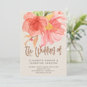 コーラルピンクの緑の夏の水彩花のウェディング 招待状 (スタンド正面)
